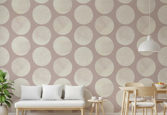 Living room accent wallpaper with geometric circles in cream and dusty rose., GD9985