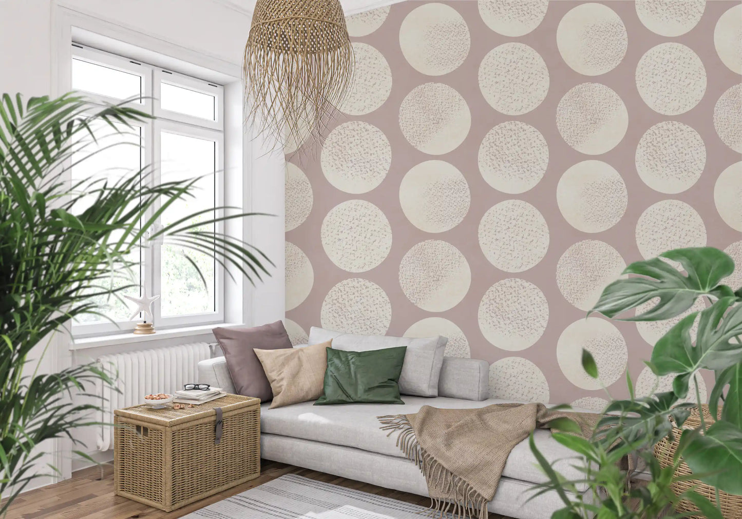 Hallway wallpaper showcasing cream polka dots with contemporary stippled texture.