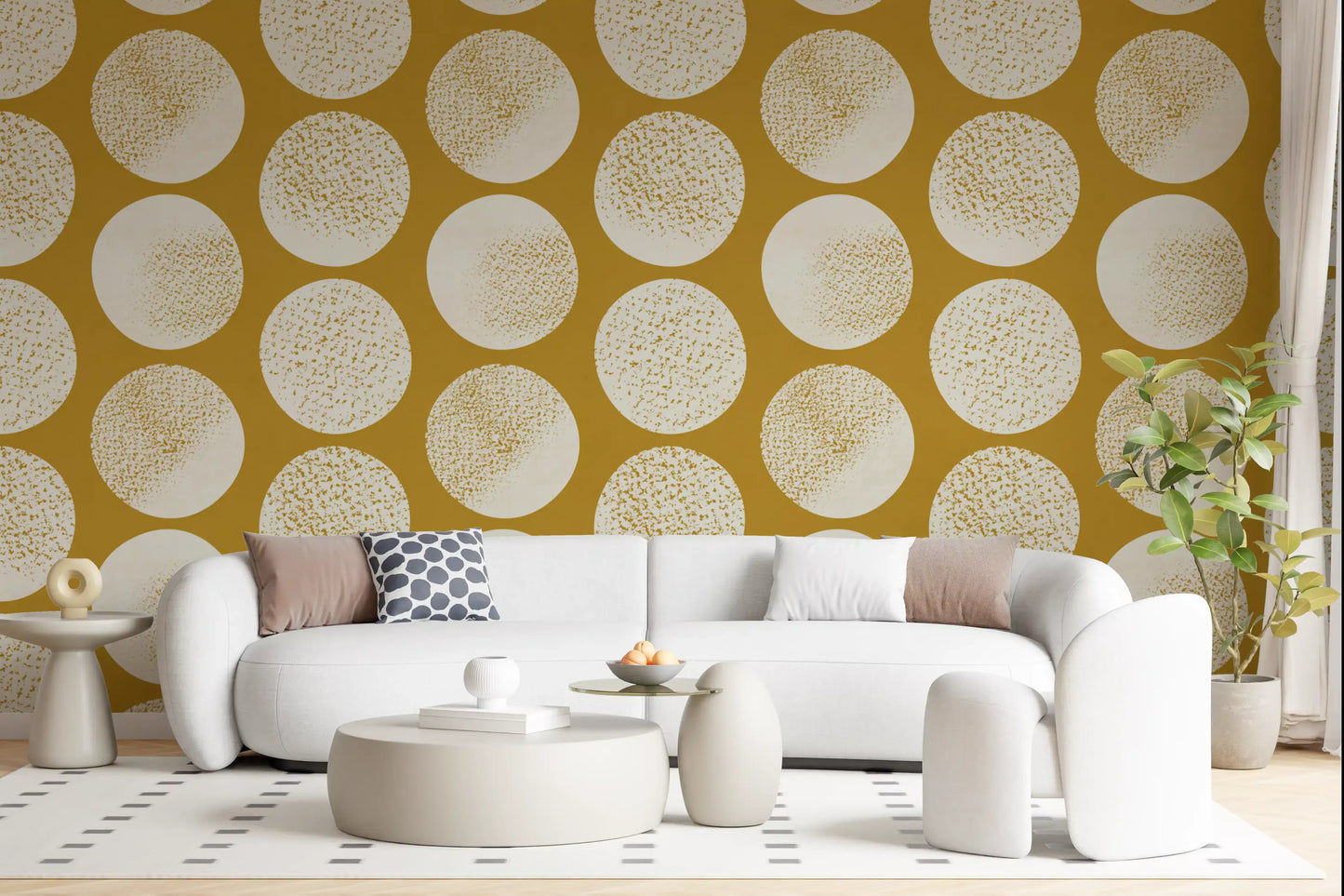 Warm mustard wallpaper featuring cream polka dots with sophisticated stippled gold detail.
