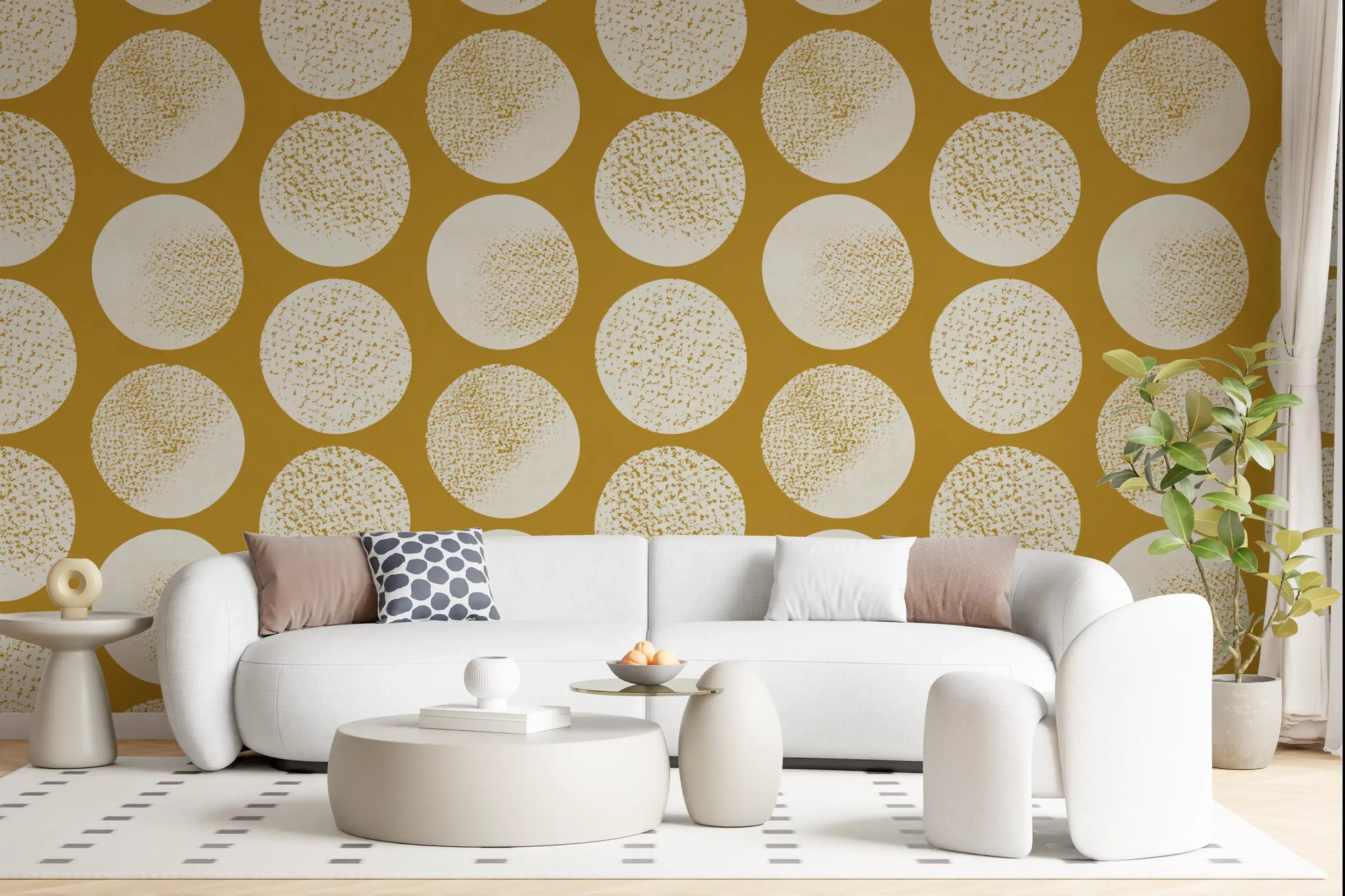 Warm mustard wallpaper featuring cream polka dots with sophisticated stippled gold detail.