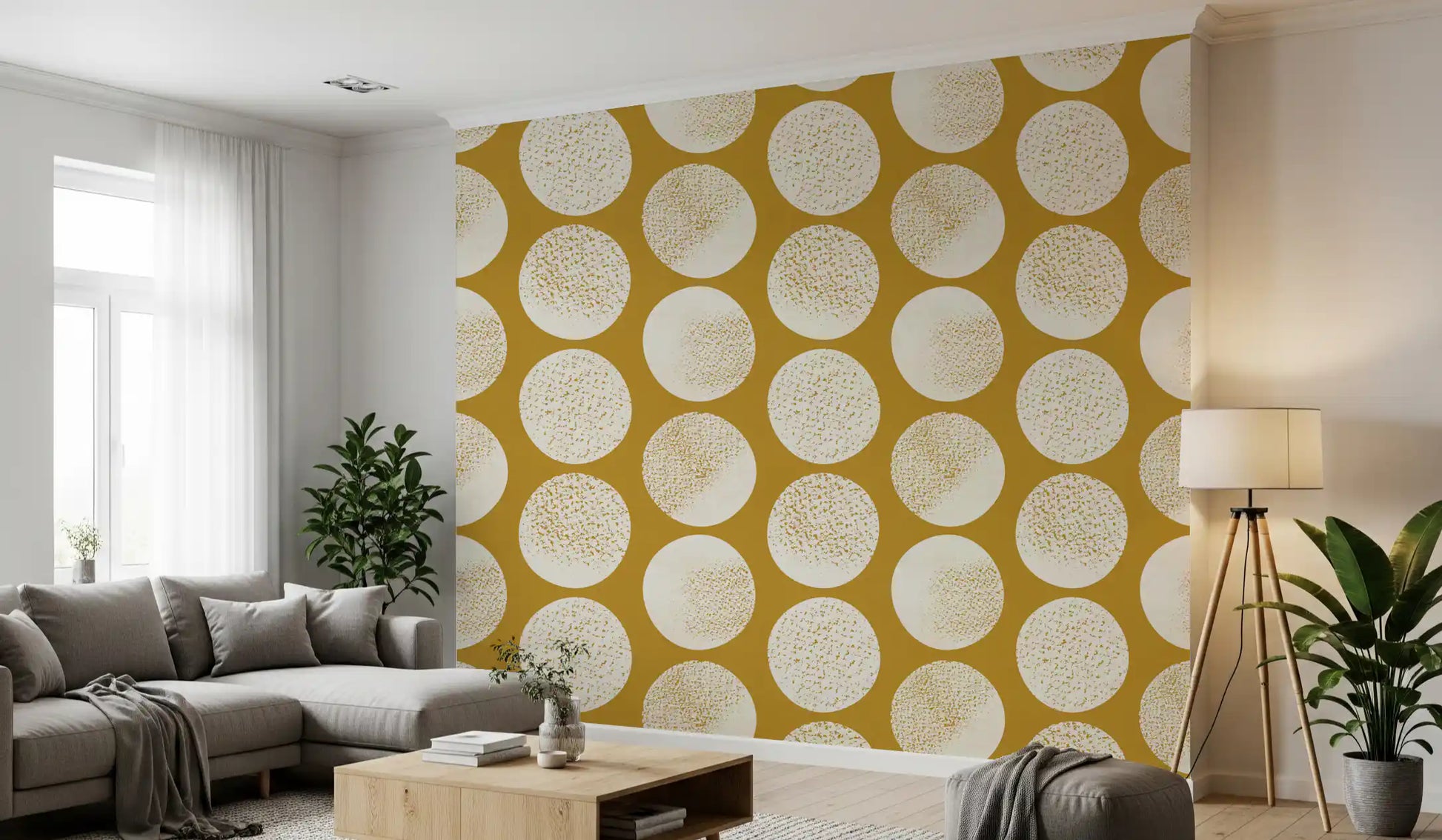 Organic circles filled with gold speckled texture on warm mustard background wallpaper.