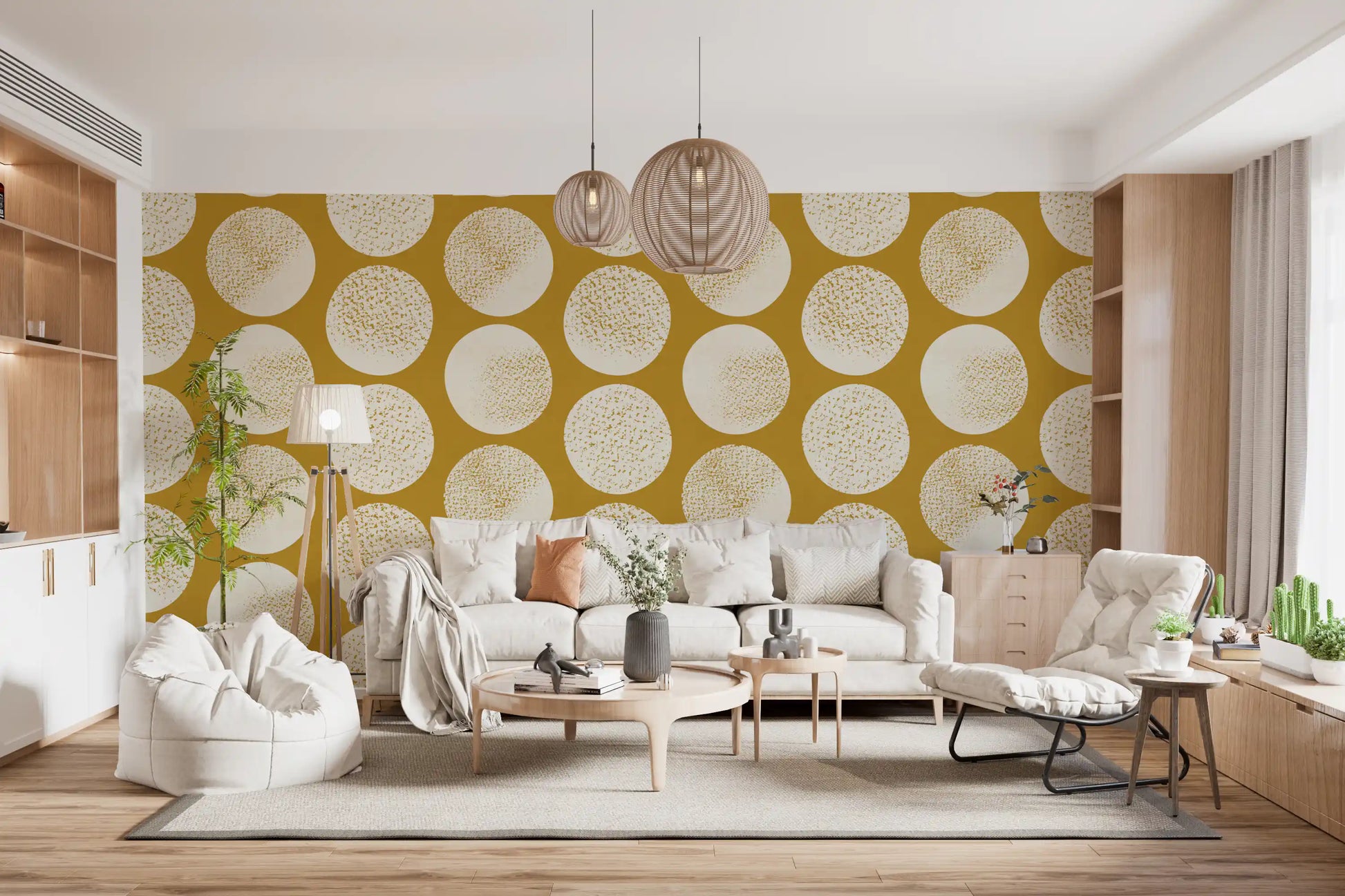 Organic stippled wallpaper in cream and gold tone for living room interior.