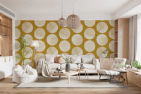 Organic stippled wallpaper in cream and gold tone for living room interior.