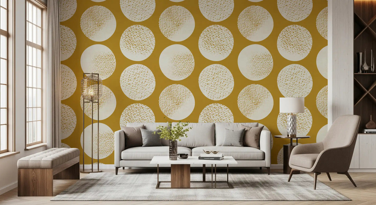 Contemporary geometric wallpaper with large cream circles filled with gold speckled motifs.
