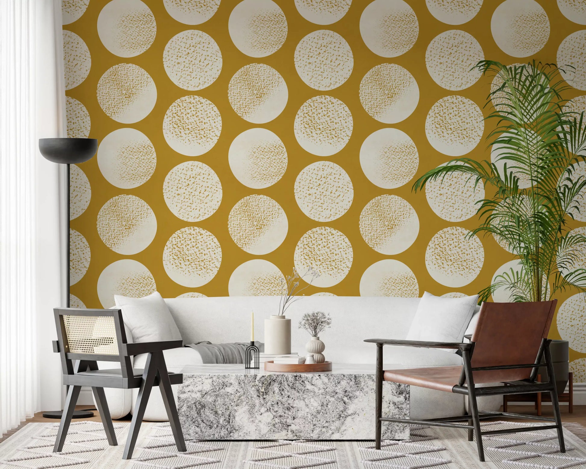 Large cream circles wallpaper with intricate stippled texture in living room.