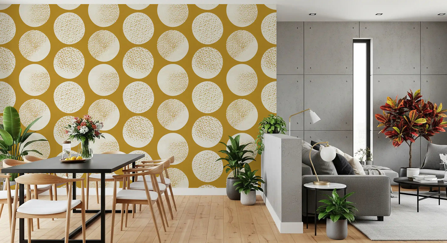 Modern geometric wallpaper showing large circles with organic stippled in dining area. 