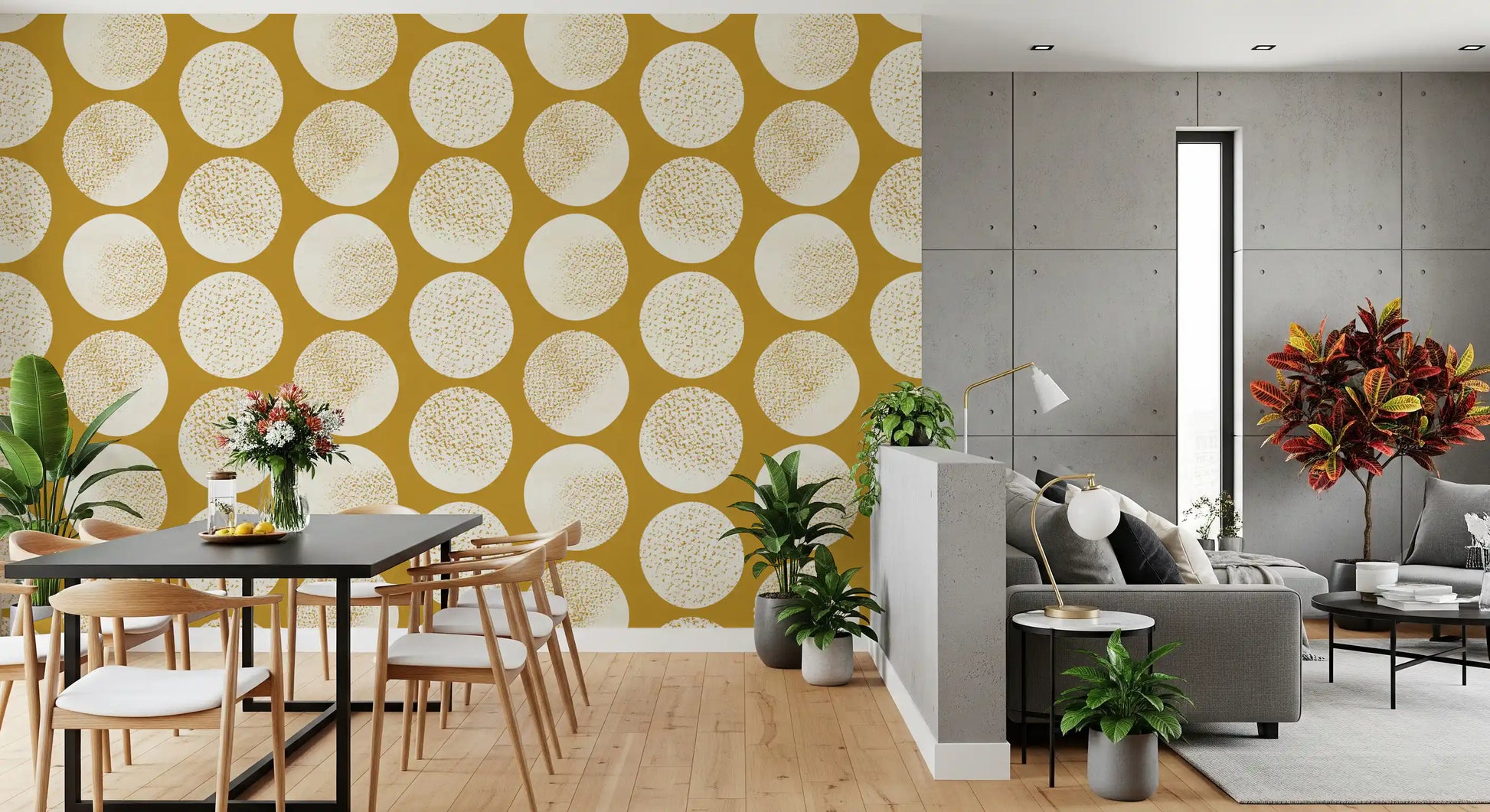 Modern geometric wallpaper showing large circles with organic stippled in dining area. 