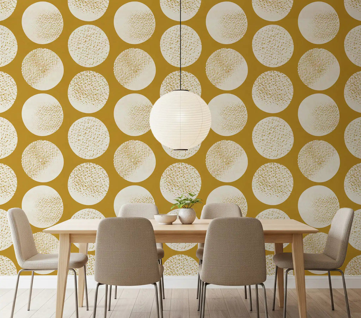 Mustard and cream geometric wallpaper with large polka dots in dining room., GD9986