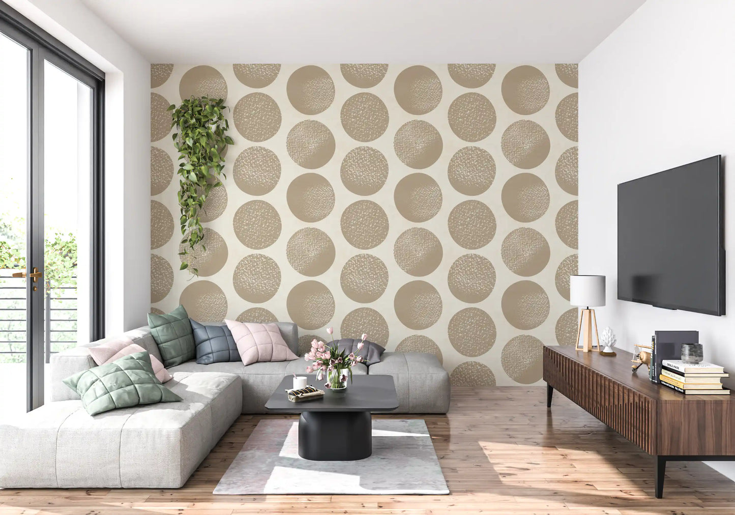 Cream background wallpaper featuring beige circles with organic dotted detailing.