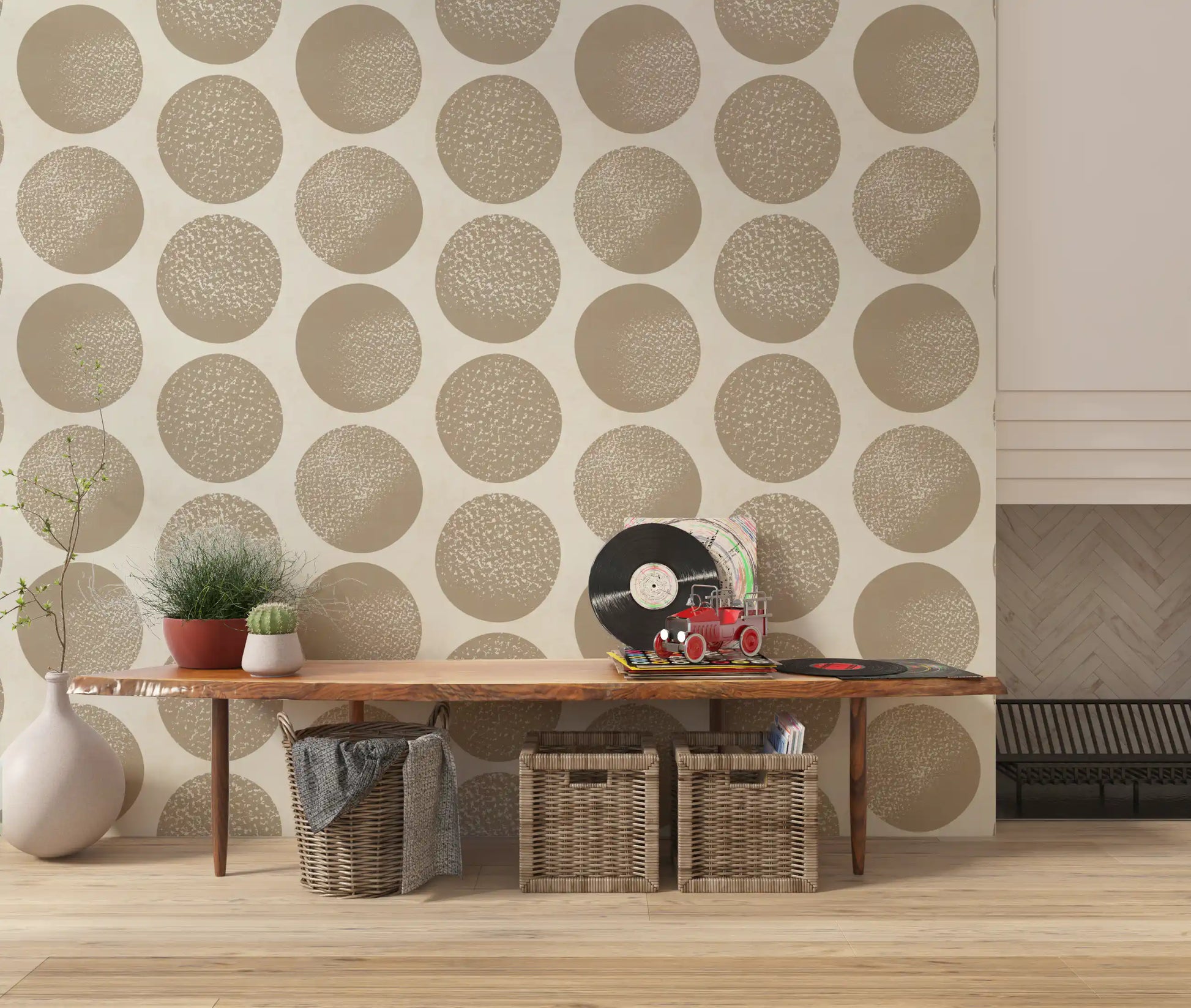 Neutral toned geometric wallpaper with warm beige stippled circle forms.
