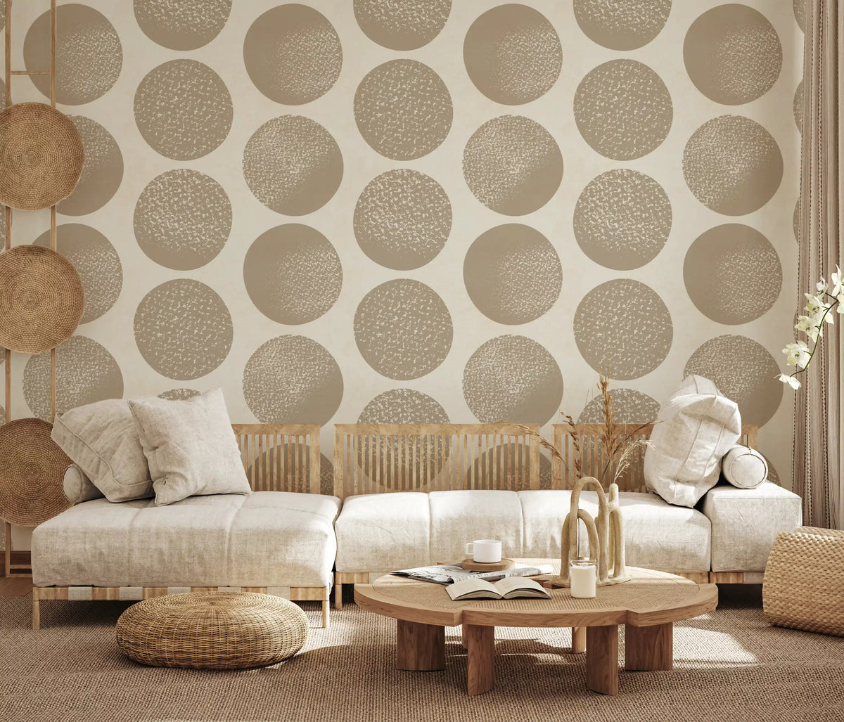 Geometric polka dot wallpaper with large circular motifs and stippled texture in living room., GD9987