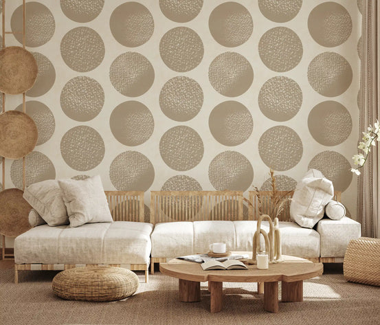 Geometric polka dot wallpaper with large circular motifs and stippled texture in living room., GD9987