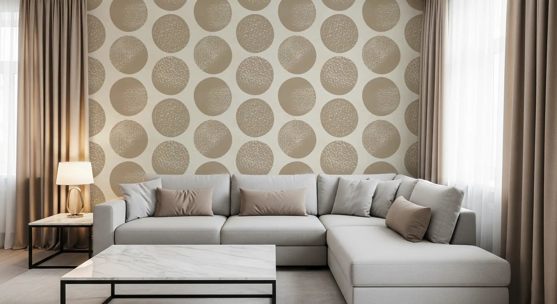 Contemporary circular motif wallpaper with balanced spatial arrangement.