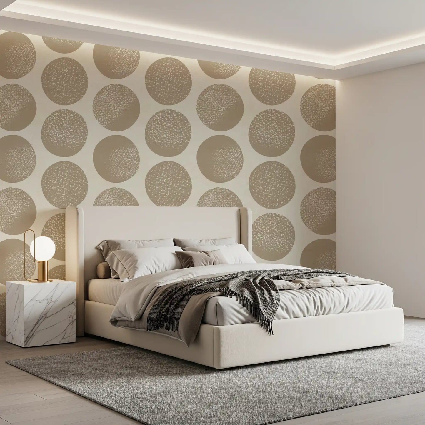 Large circular wallpaper suitable for bedroom spaces and feature wall applications.