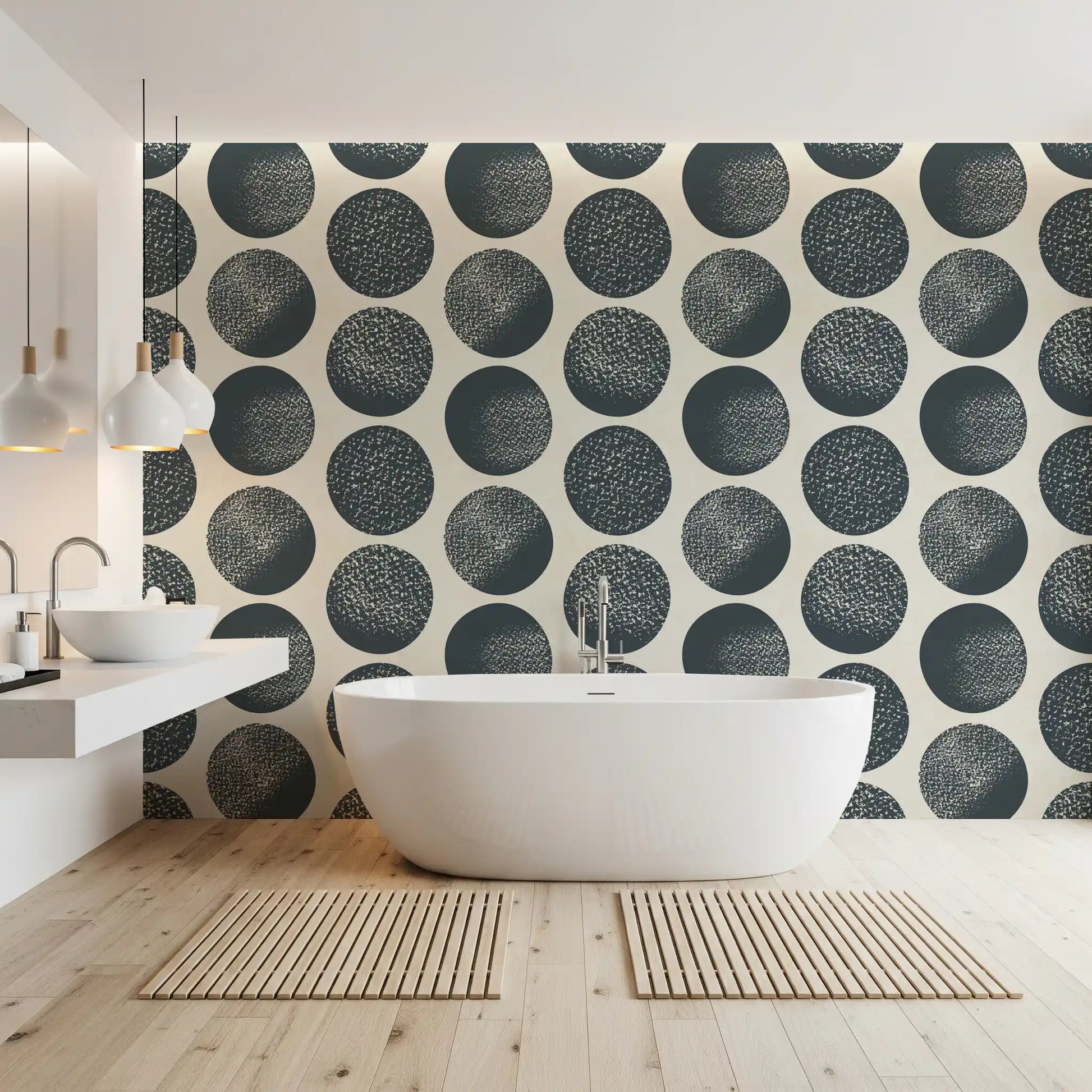 Contemporary textured wallpaper showing dark blue geometric circles in bathroom.