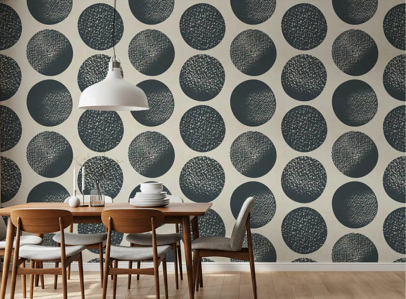 Dark blue stippled circles arranged in a geometric polka dot wallpaper for dining room.