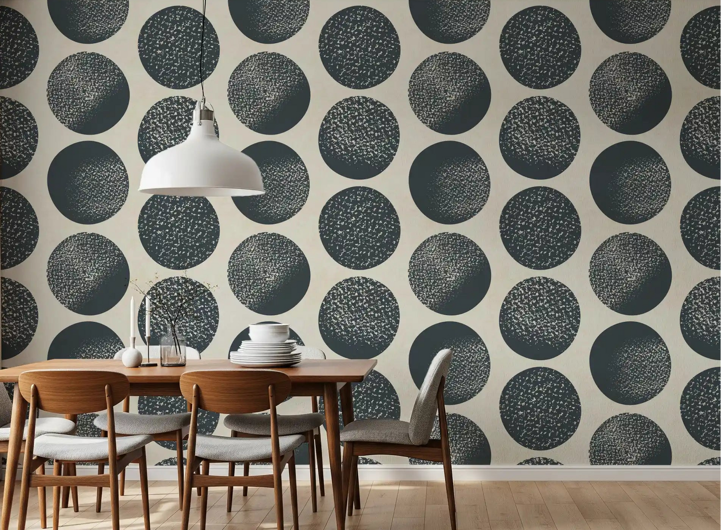 Dark blue stippled circles arranged in a geometric polka dot wallpaper for dining room.
