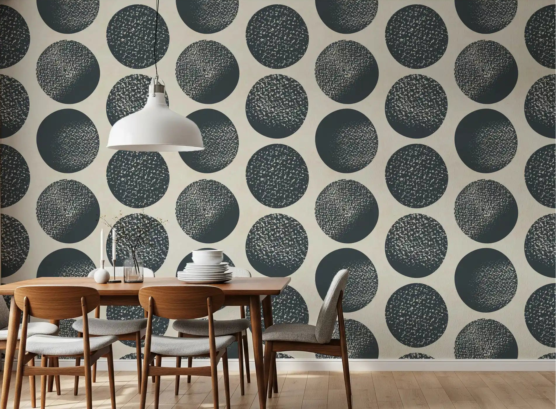 Dark blue stippled circles arranged in a geometric polka dot wallpaper for dining room.