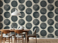 Dark blue stippled circles arranged in a geometric polka dot wallpaper for dining room.