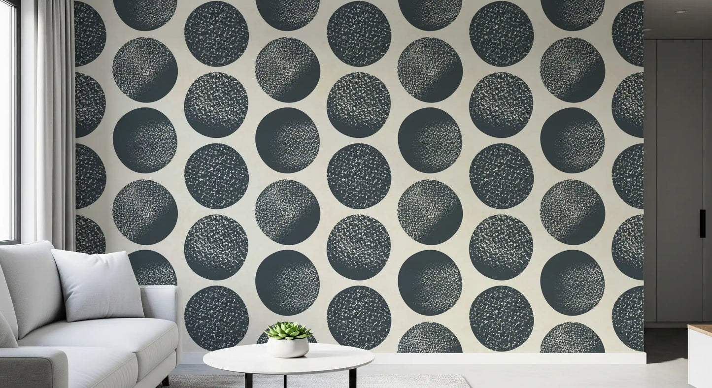 Abstract circles wallpaper with fine stippling detail arranged organically across cream backdrop.