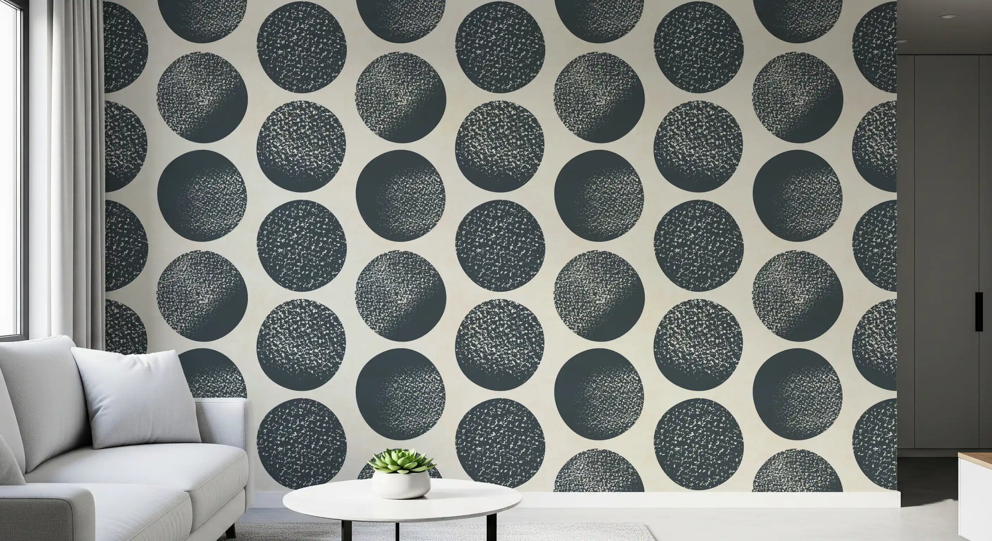 Abstract circles wallpaper with fine stippling detail arranged organically across cream backdrop.