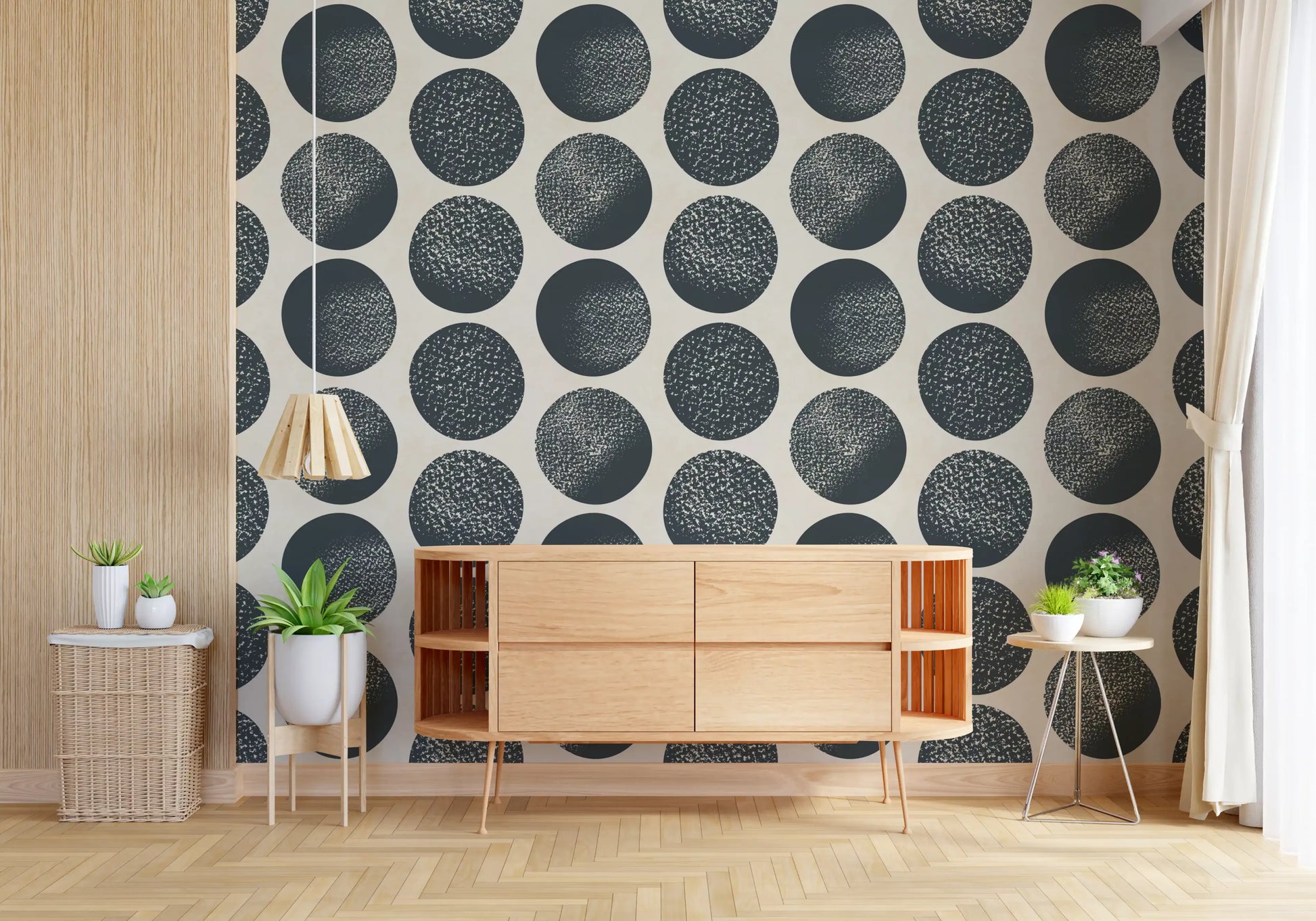 Polka dot pattern wallpaper featuring matte dark blue circles with speckled details.