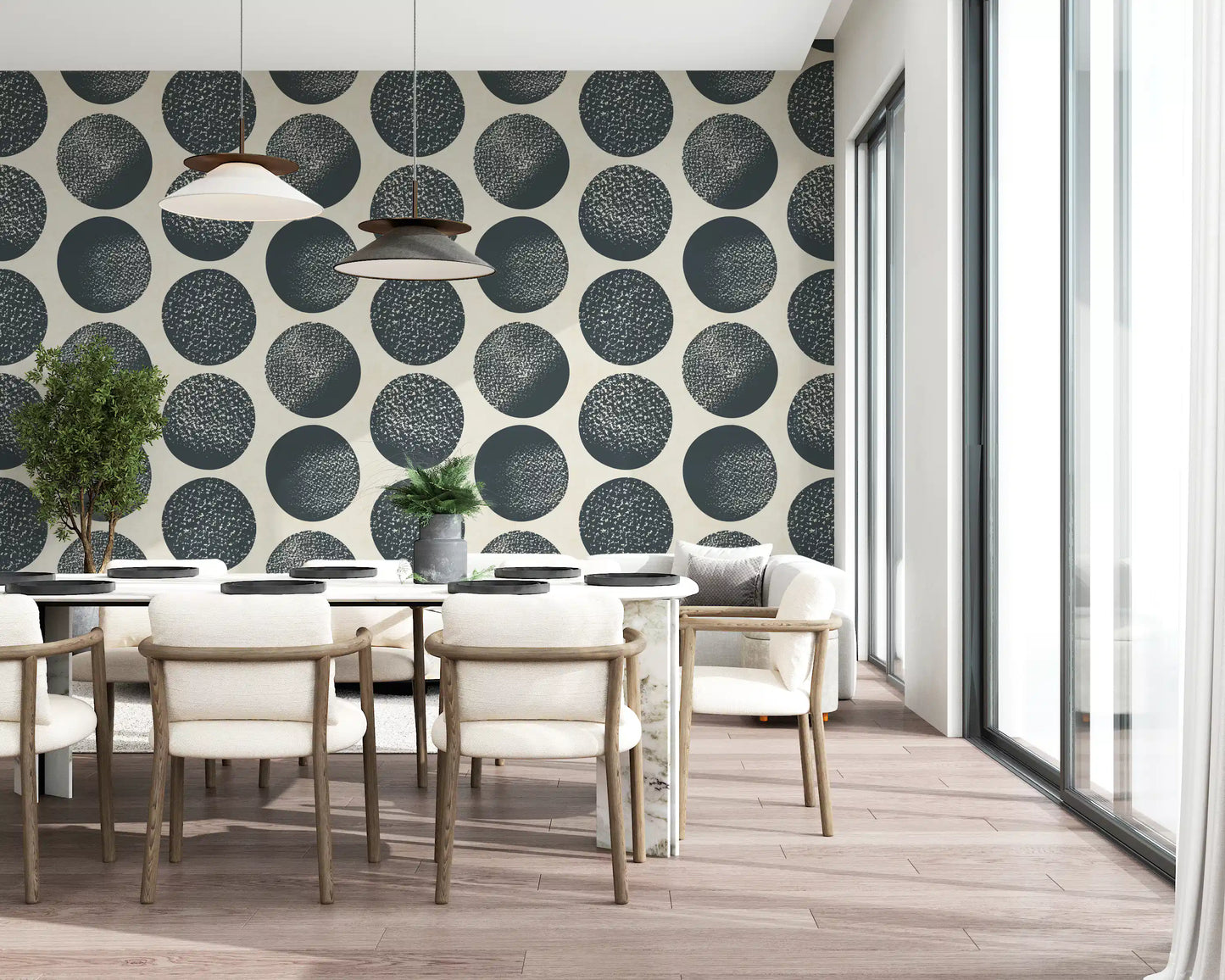 Geometric polka dot wallpaper with dark blue circles on neutral cream tone in dining area.