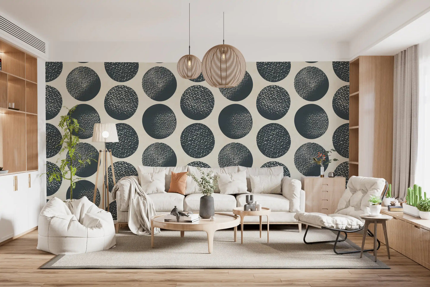 Cream textured wallpaper with scattered dark blue circles featuring intricate dot detailing