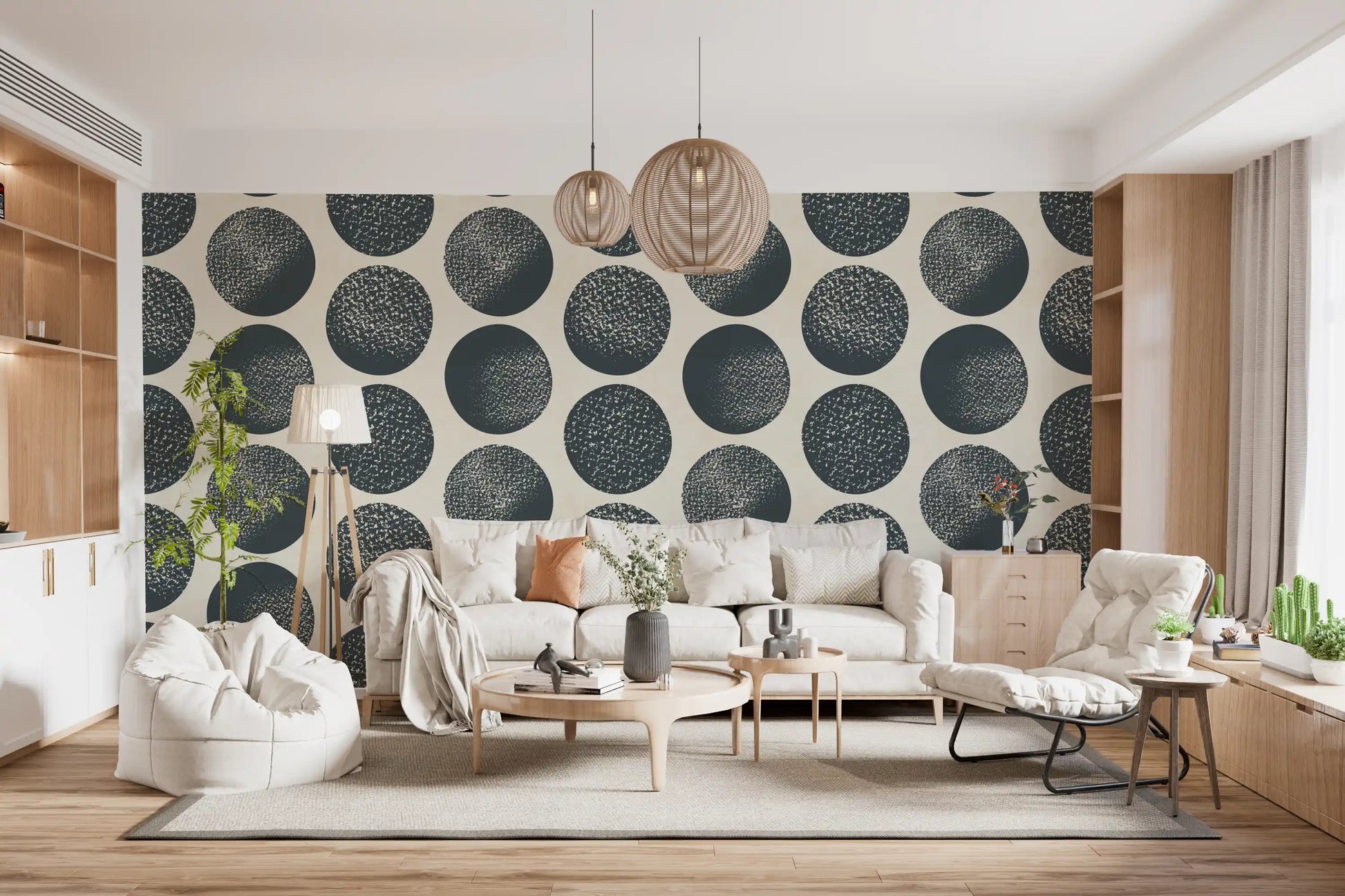 Cream textured wallpaper with scattered dark blue circles featuring intricate dot detailing