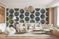 Cream textured wallpaper with scattered dark blue circles featuring intricate dot detailing
