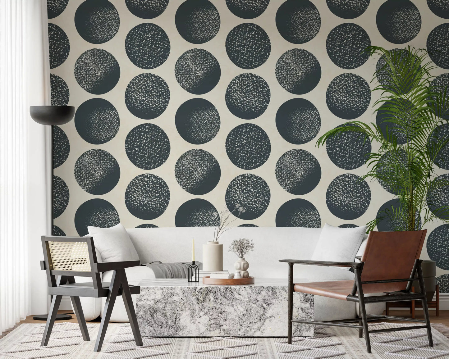 Modern geometric wallpaper with dark blue dotted circles in hallway.