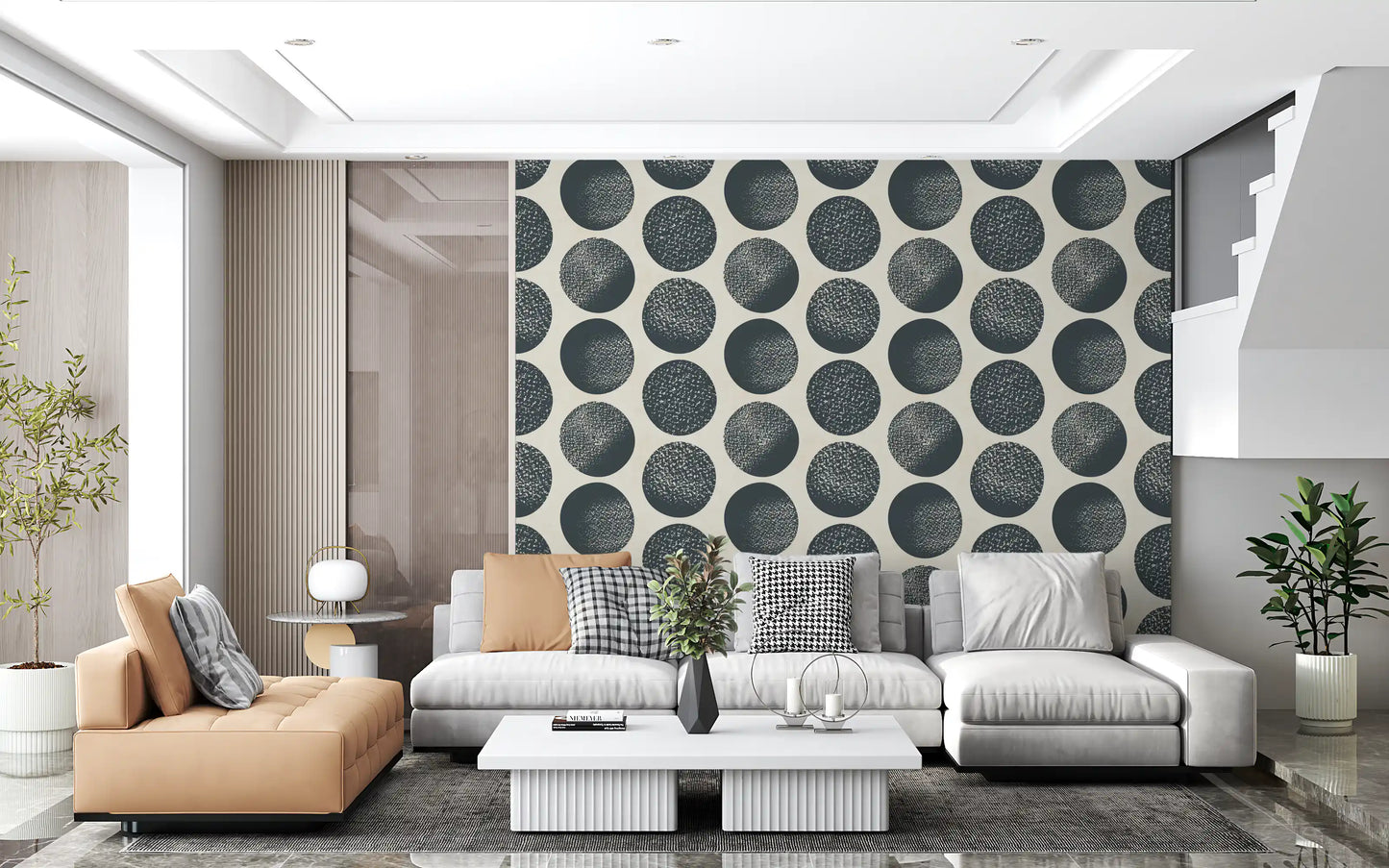 Textured dark blue spotted circles wallpaper creating a contemporary repeating pattern.