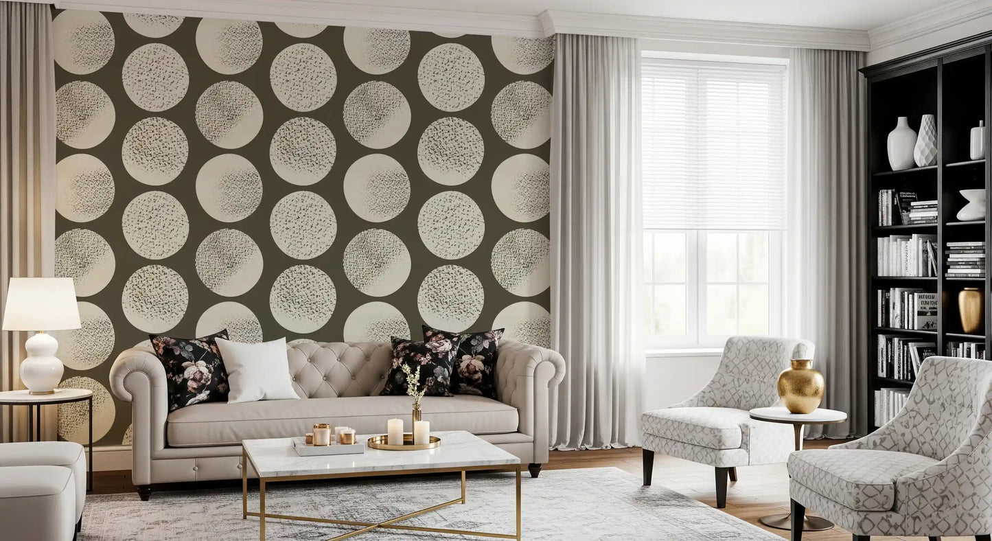 Geometric cream circles layered with fine speckle marks on dark brown wallpaper.