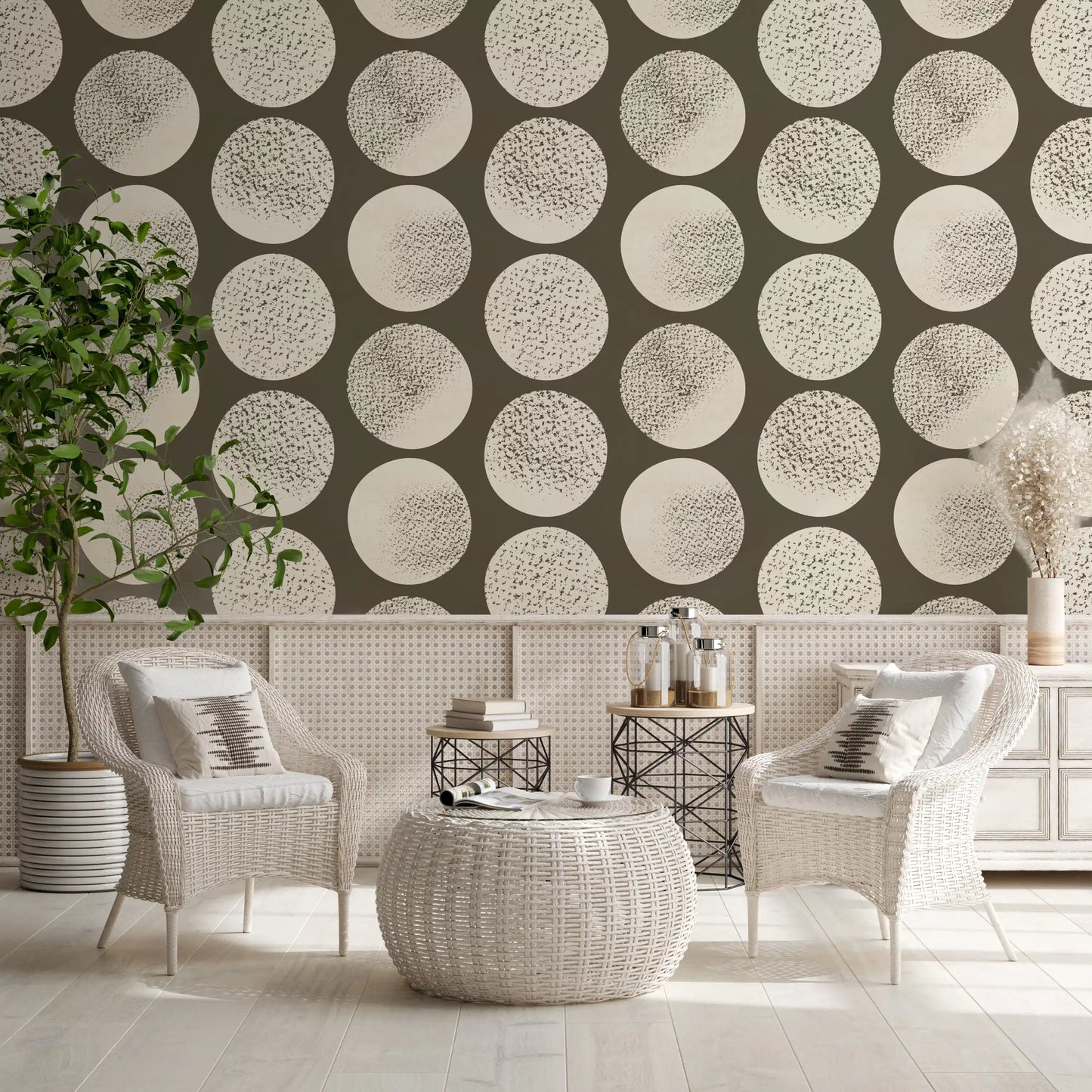 Reading area feature wall showcasing cream stippled polka dot wallpaper on brown base.
