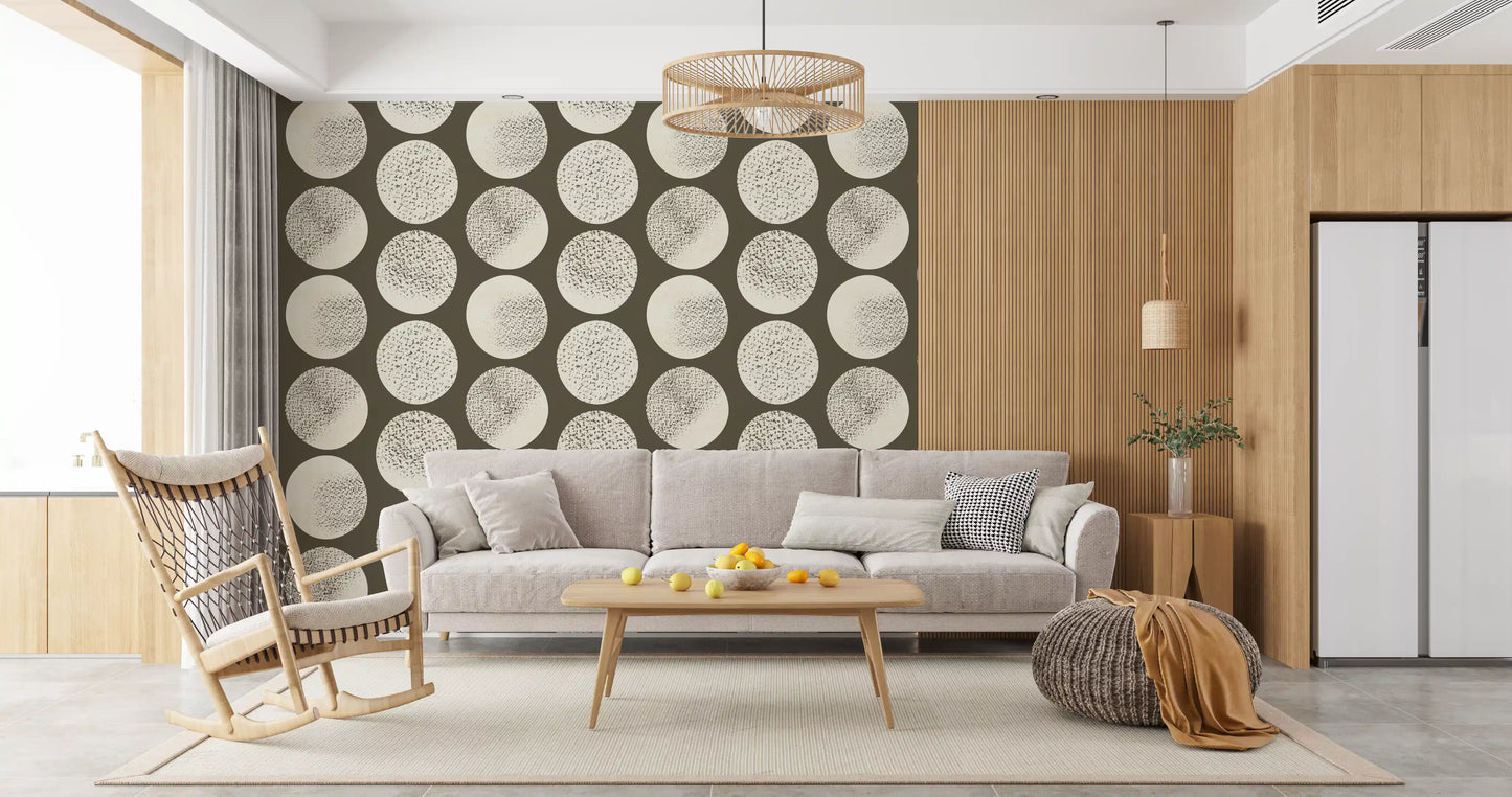 Stippled cream circles showing fine texture detail on brown wallpaper surface.
