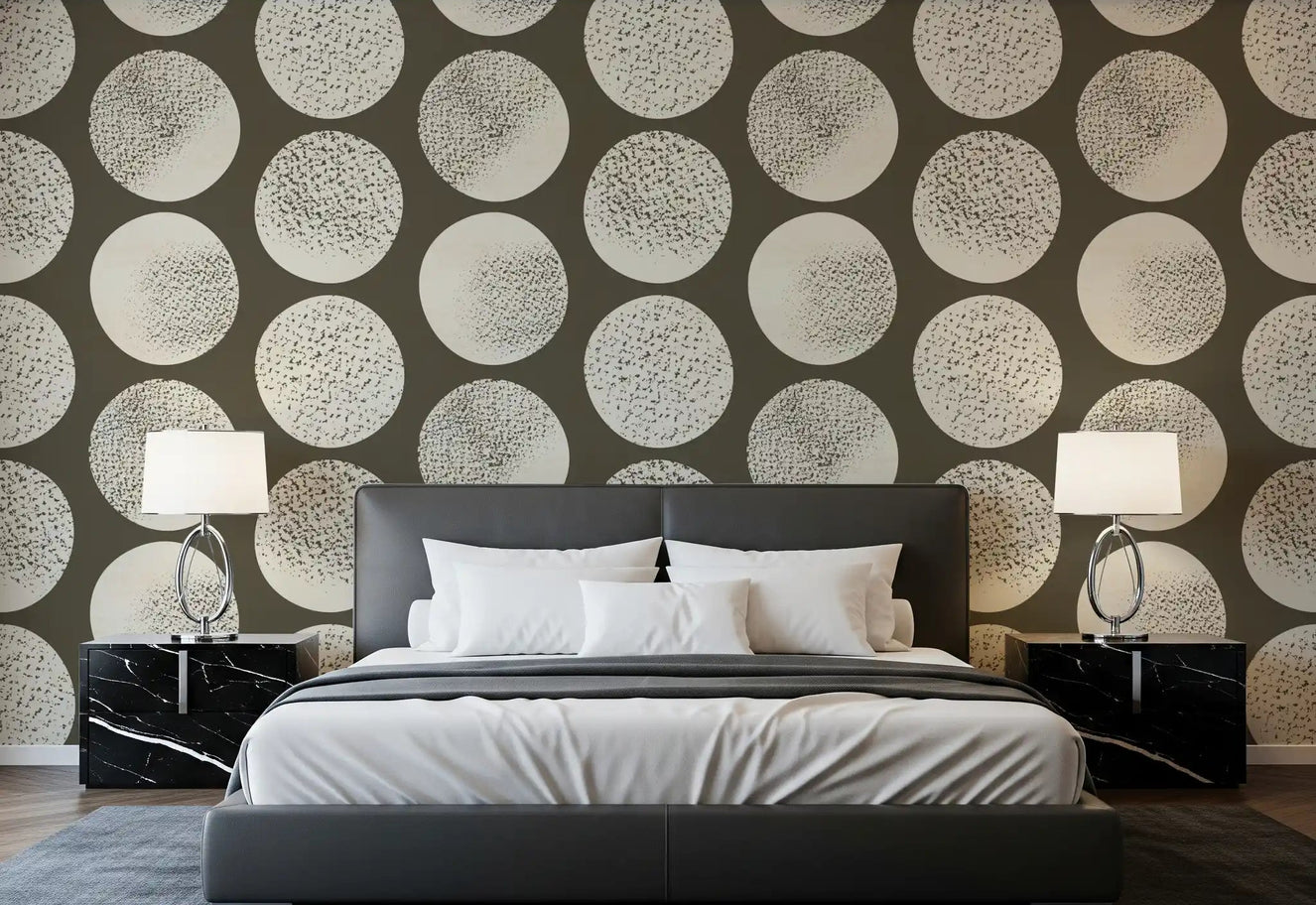 Cream polka dots with organic speckled texture on dark brown wallpaper for bedroom.