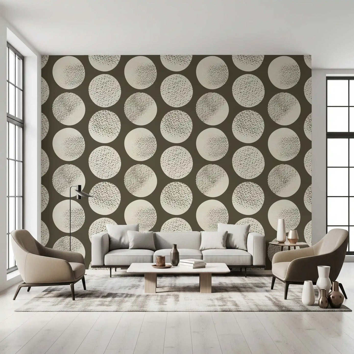 Repeated cream polka dots with stippled surfaces create rhythm on brown wallpaper.