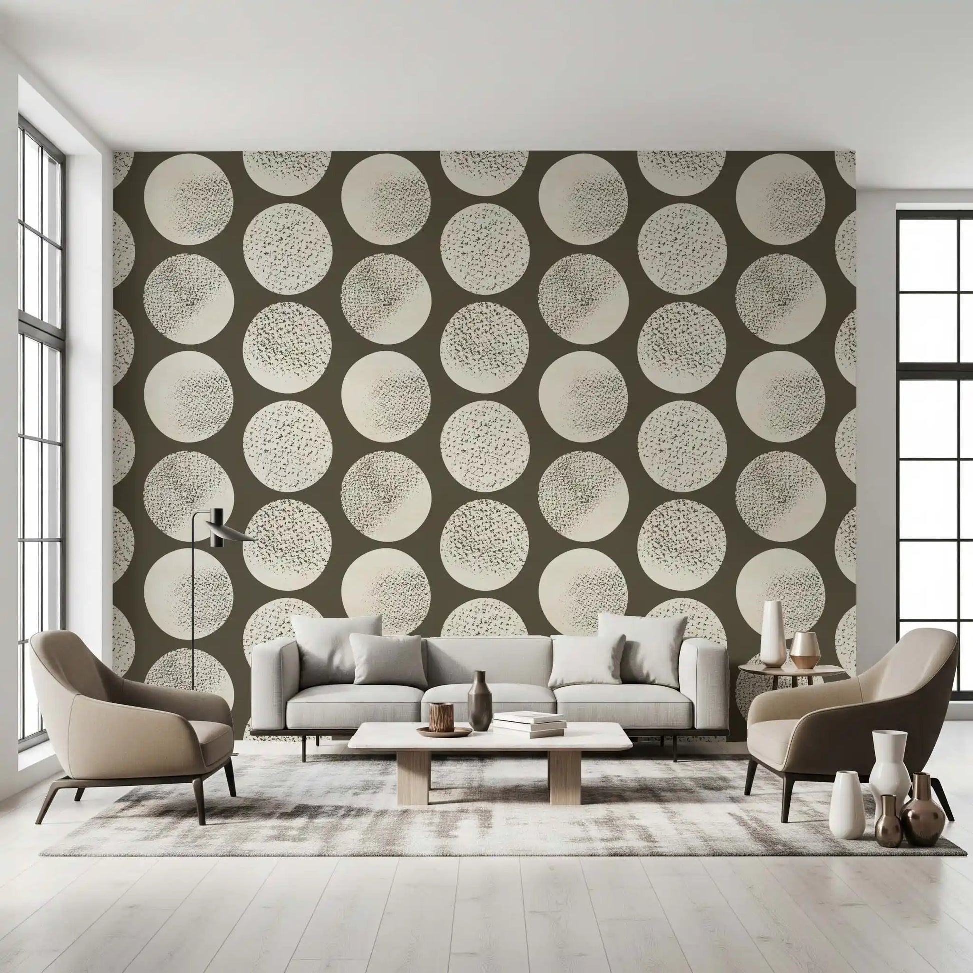 Repeated cream polka dots with stippled surfaces create rhythm on brown wallpaper.
