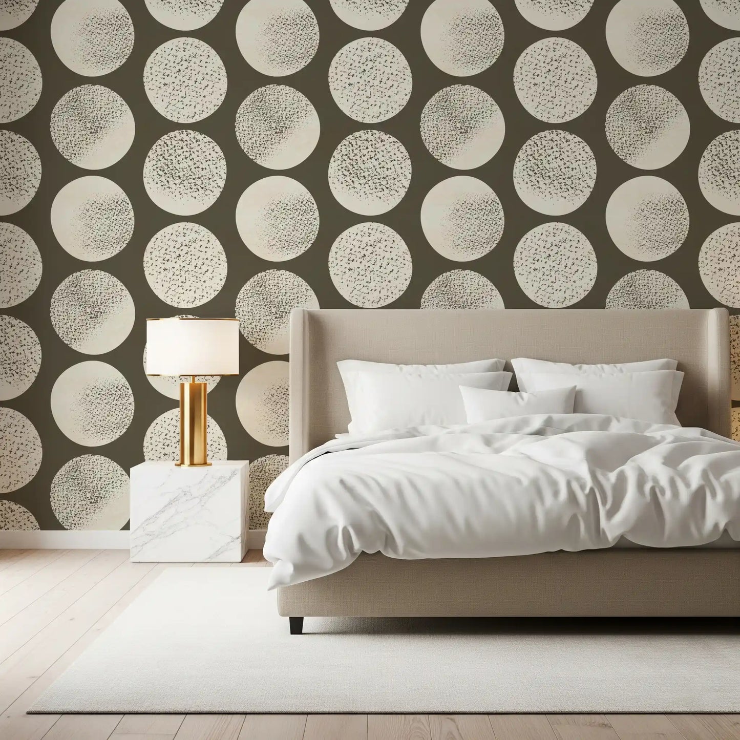 Matte finish cream and brown polka dot wallpaper with organic speckled detail in bedroom.
