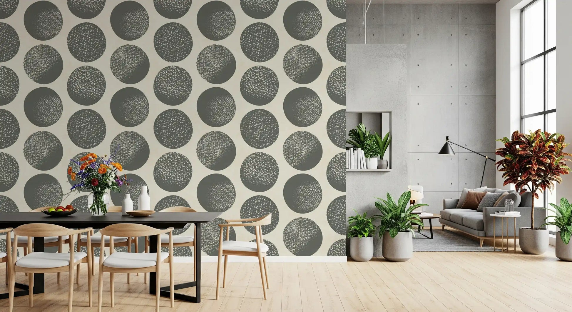 Slate grey stippled polka dot wallpaper with cream background in dining area