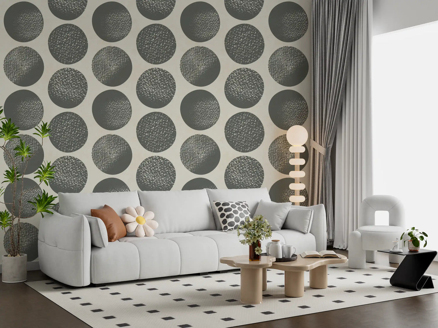 Contemporary polka dot wallpaper in slate grey organic texture for living area.