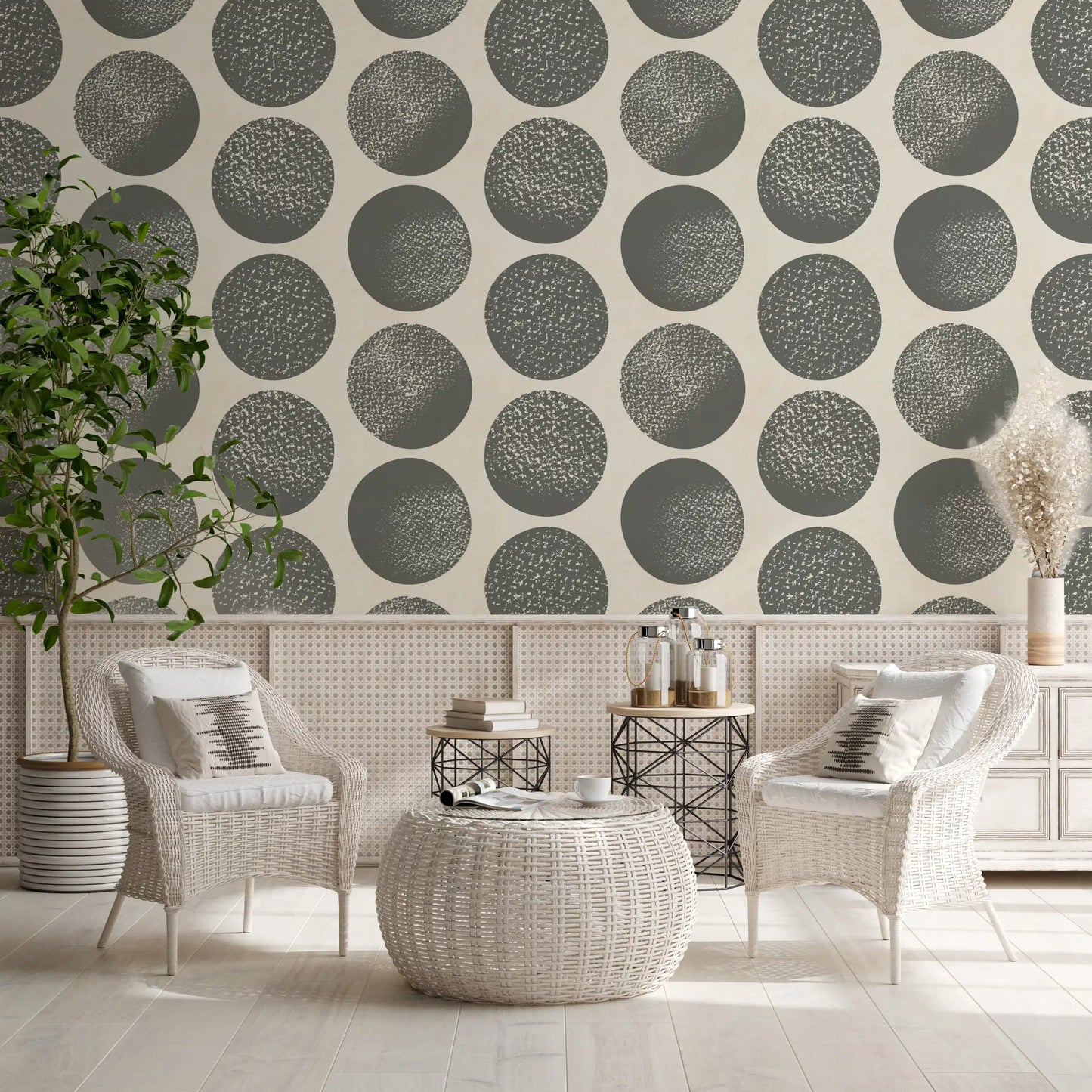 Oversized stippled circles dance across cream wallpaper with slate grey modern geometric design 