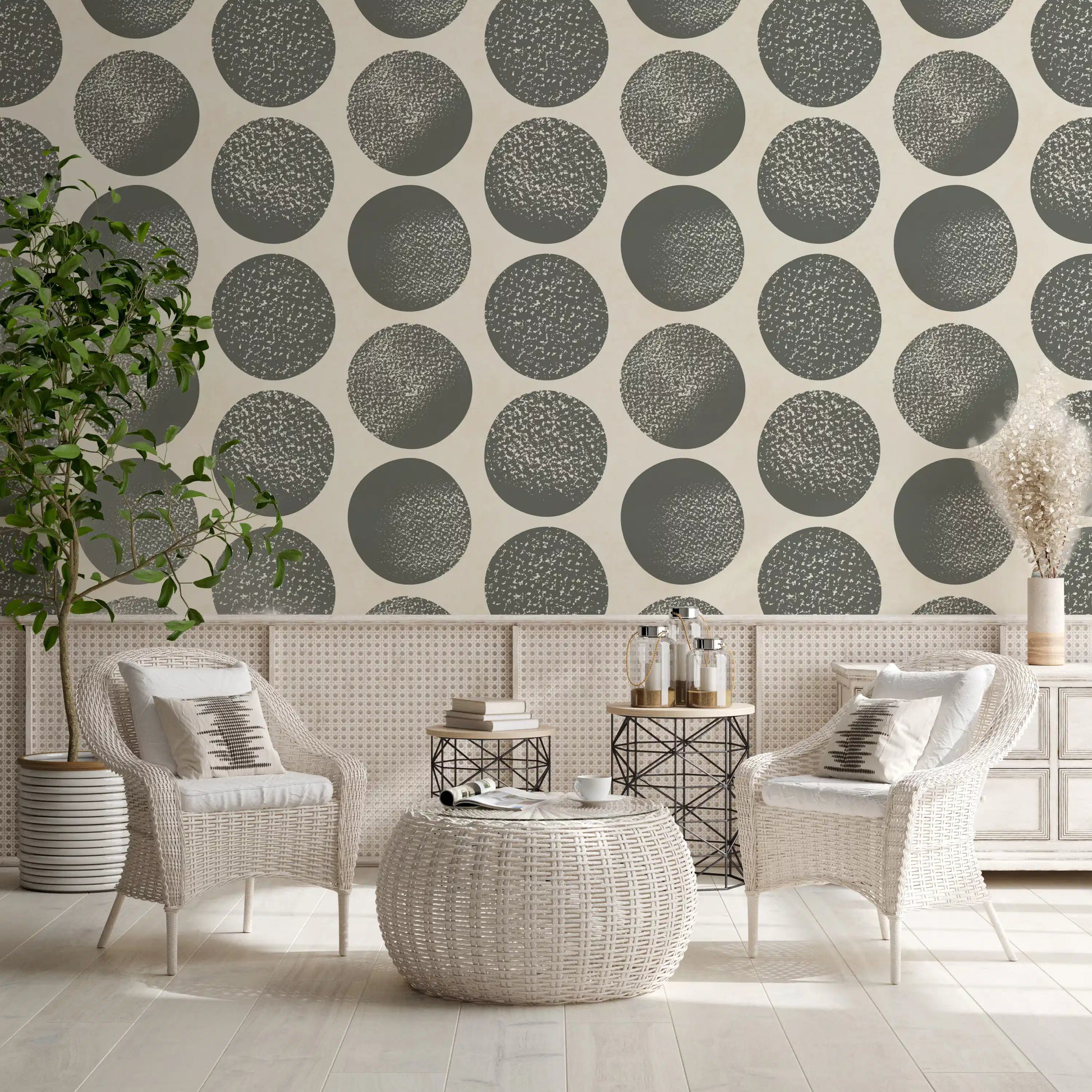 Oversized stippled circles dance across cream wallpaper with slate grey modern geometric design 