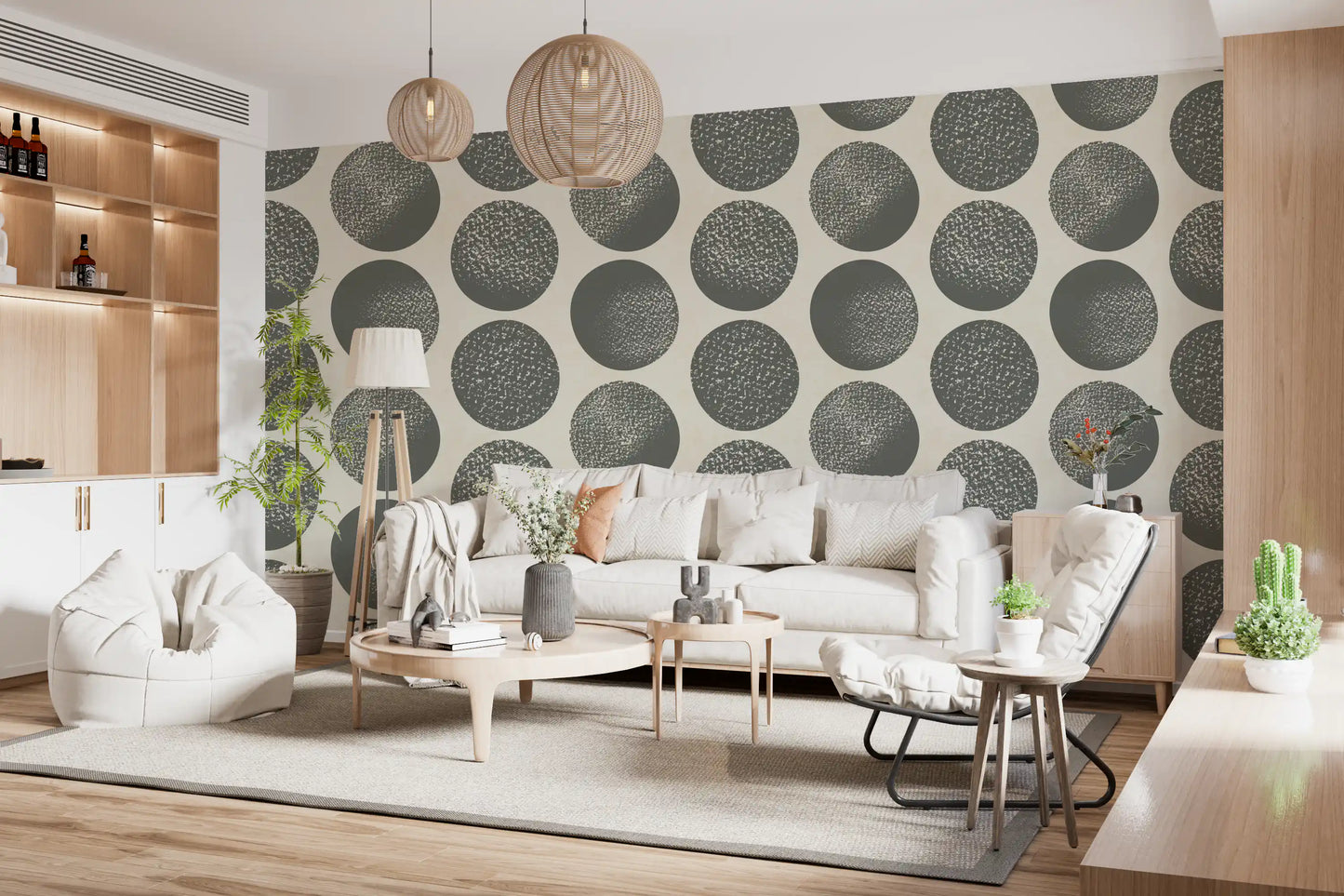 Neutral stippled polka dot wallpaper bringing quiet geometric interest to living space.