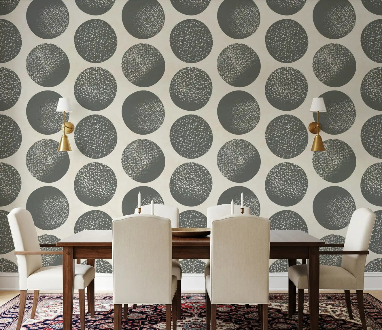 Dining room wall displaying slate grey stippled polka dot wallpaper on cream background.