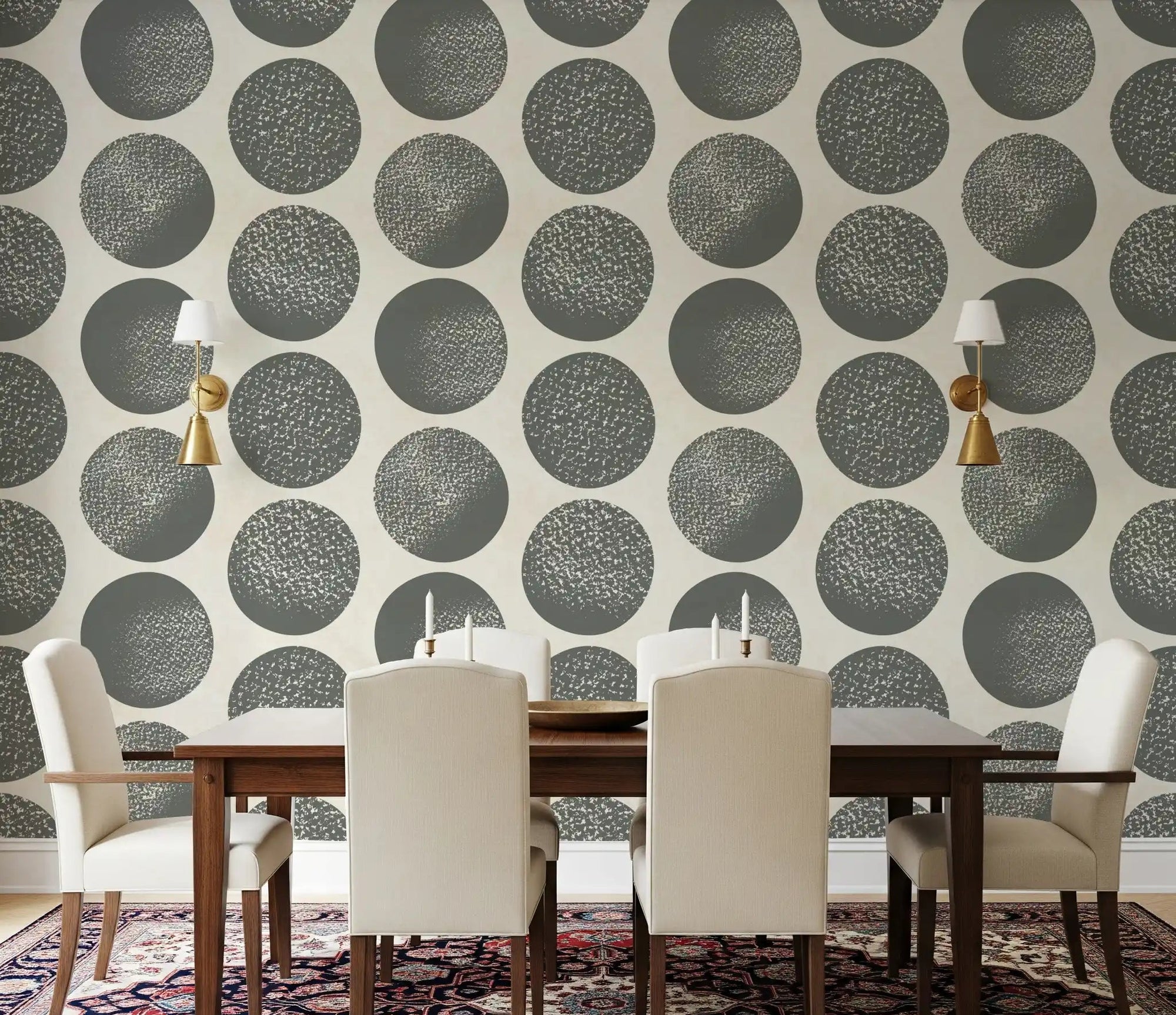 Dining room wall displaying slate grey stippled polka dot wallpaper on cream background., GD9990