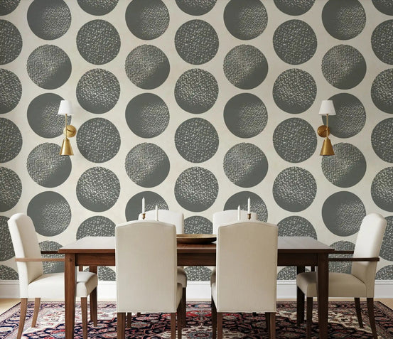 Dining room wall displaying slate grey stippled polka dot wallpaper on cream background., GD9990