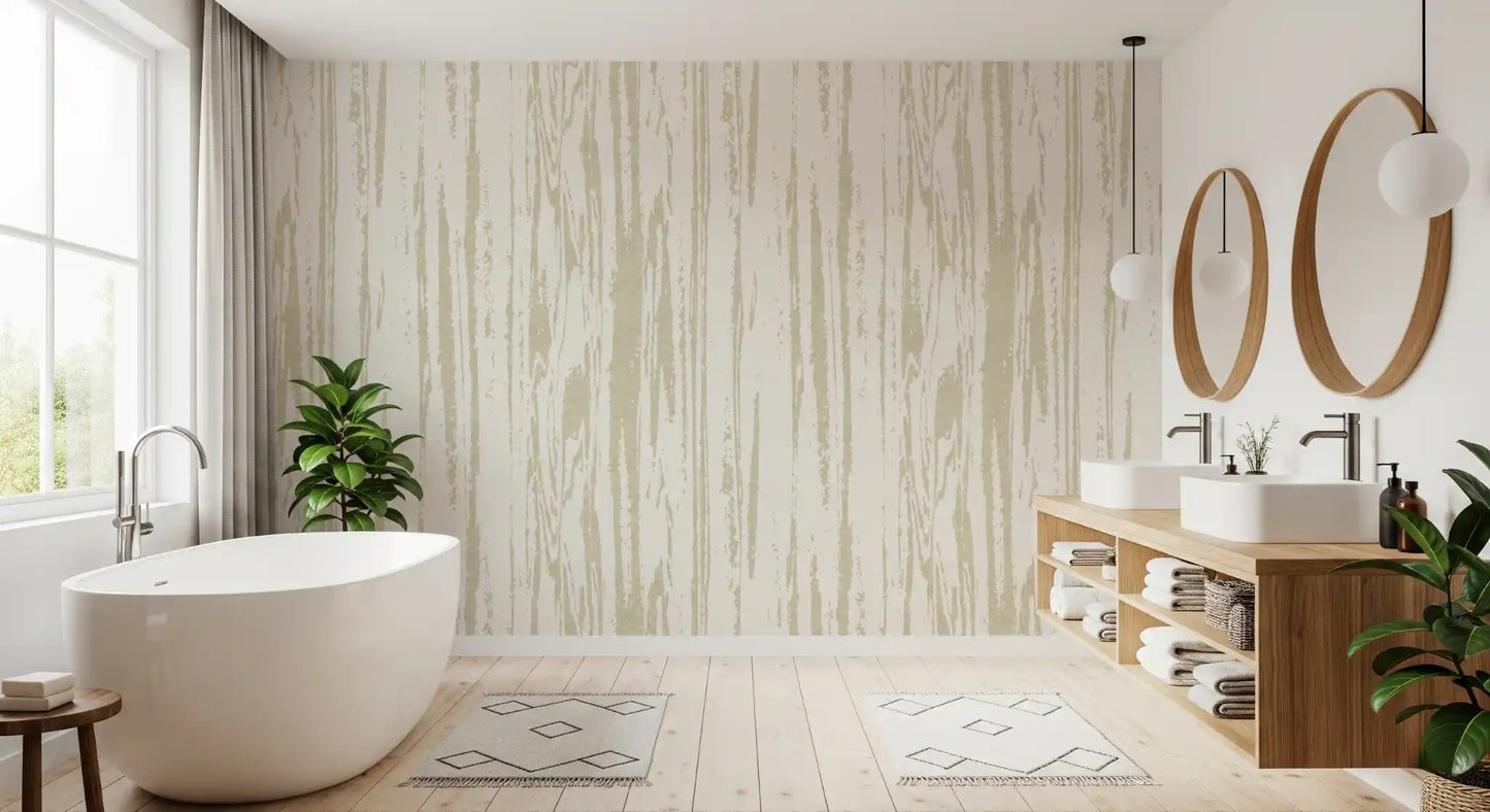 Textured wallpaper featuring organic woodgrain effect in bathroom interior.