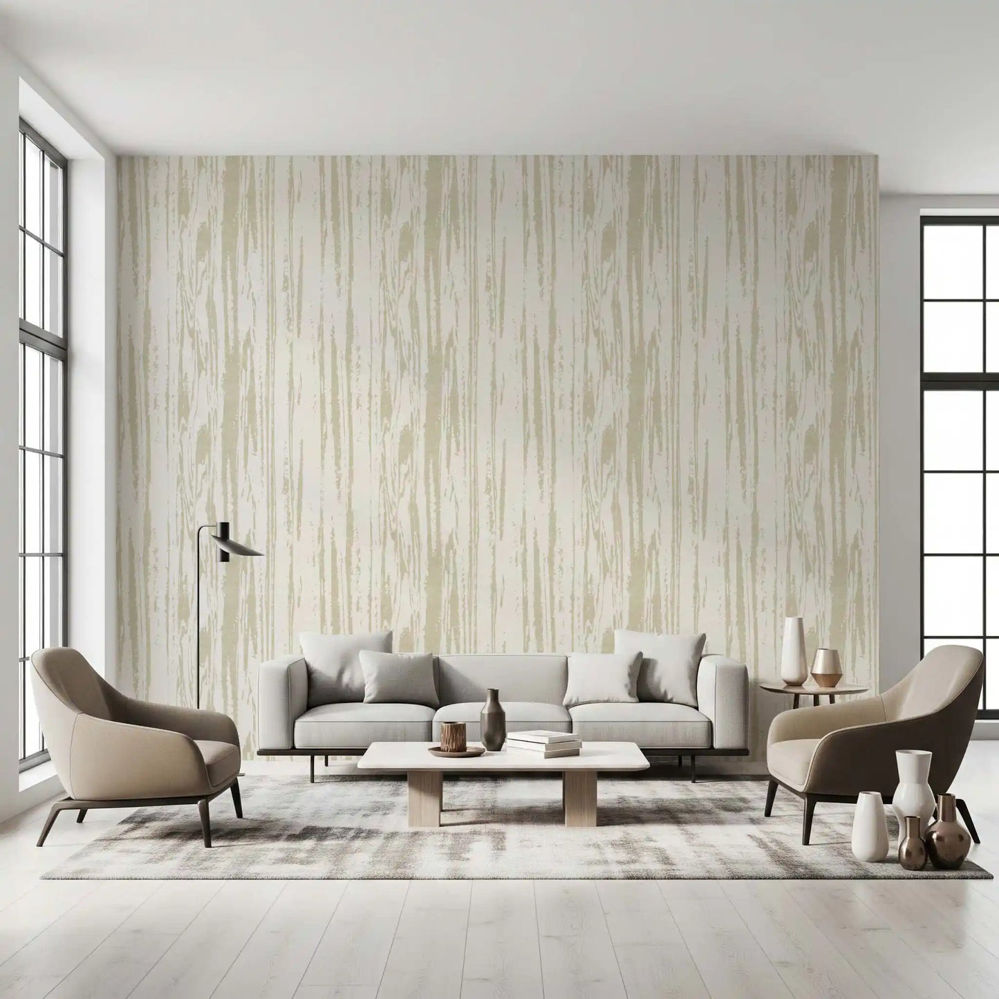 Textured wallpaper featuring irregular vertical strokes in warm neutral tones.