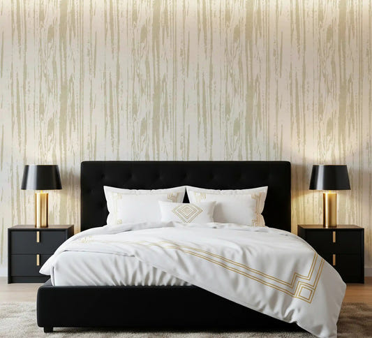 Abstract woodgrain wallpaper with vertical organic lines in master bedroom.